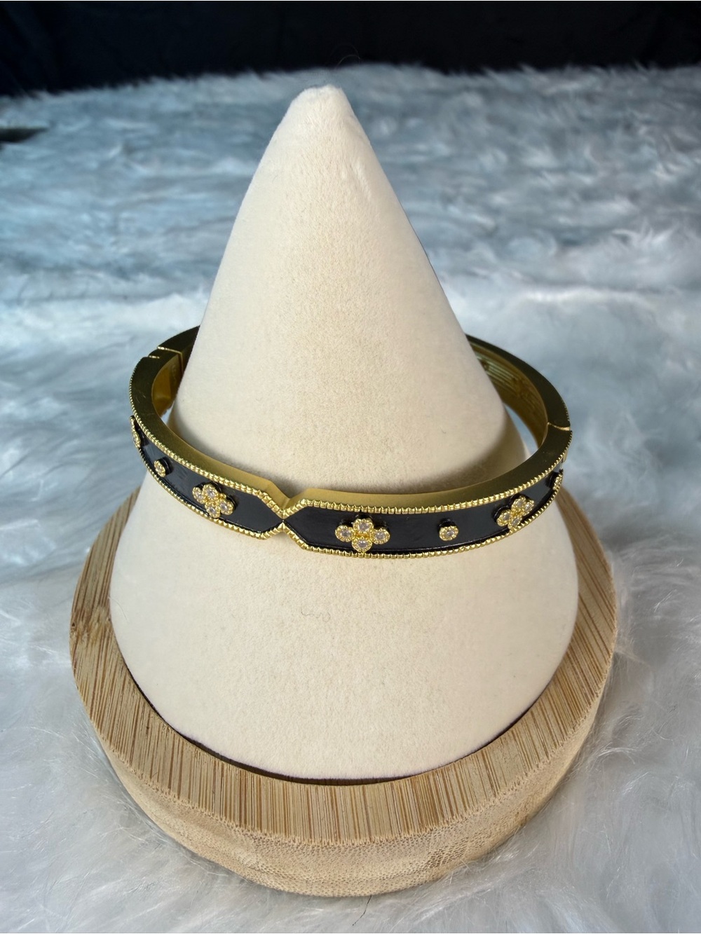 Freida Rothman Iconic Clover Hinge Gold-Tone Black Bangle Bracelet - Picture 2 of 8